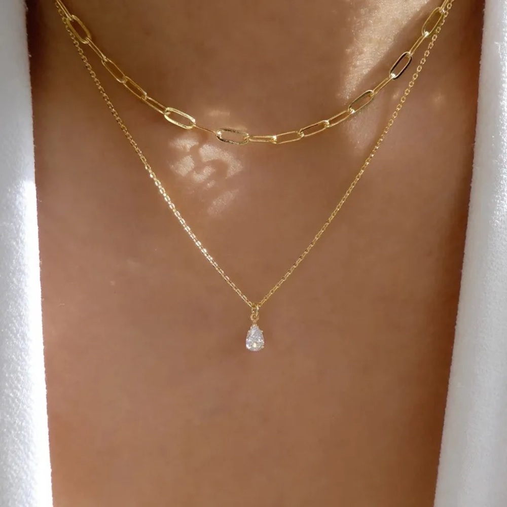 Shimmering Teardrop Pendant Gold Tone Multilayer Necklace